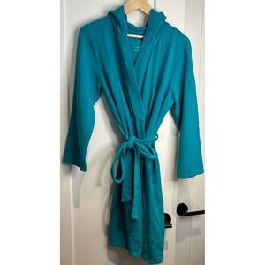 LL Bean Womens Teal Blue Hooded Cotton Blend Knit Robe‎ Medium M housecoat Tie